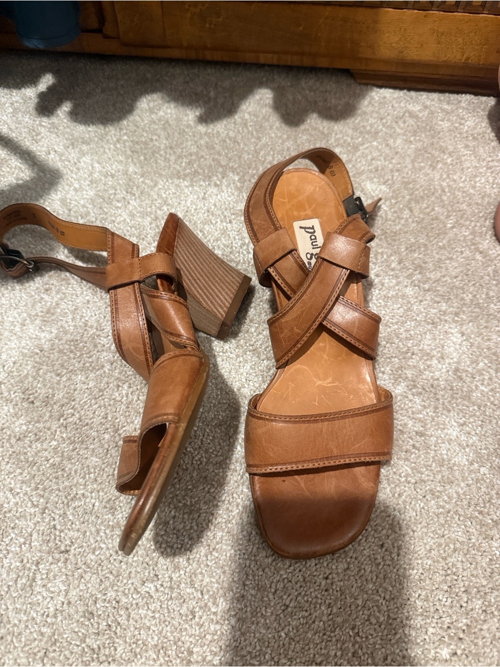 Paul Green Tan Brown Leather Heeled Sandals with Gold Buckle